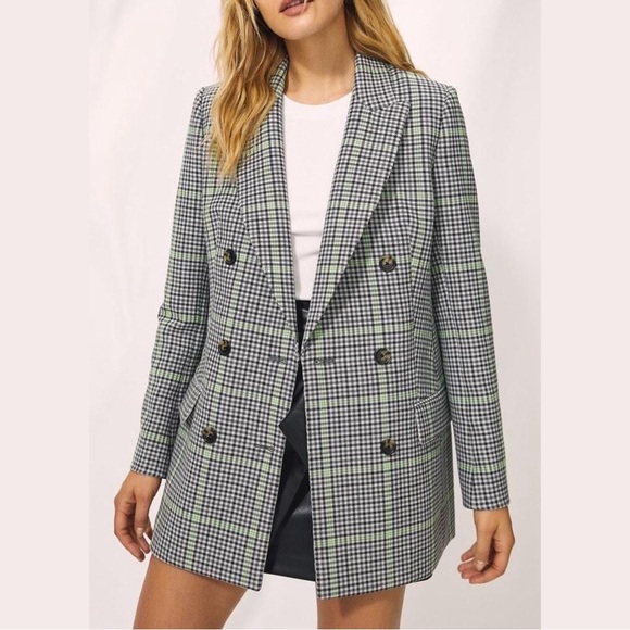 Aritzia x Wilfred Margaux Gray Green Houndstooth Double-Breasted Blazer Sz 2 EUC - Picture 13 of 16